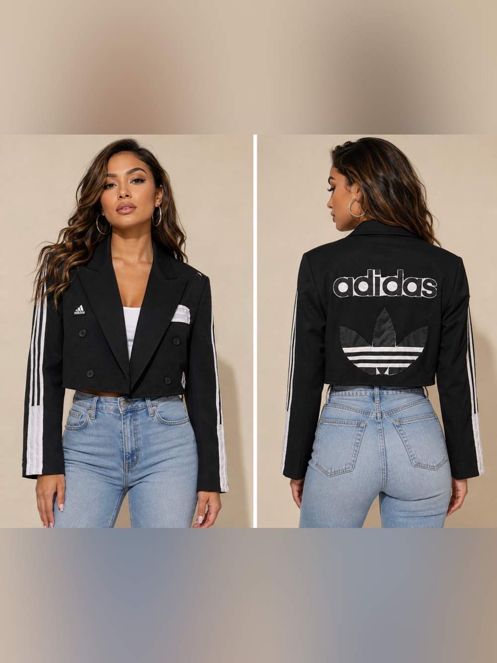 Upcycled adidas inspired Black Cropped Blazer with White Stripe Detail size L